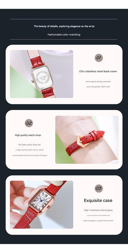 Rose gold shell, white plate and coffee strap Ladies Quartz Watch - Classic Rectangular, Leather Band V888-ELOSUNG26307