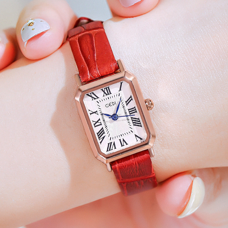 Rose gold case, white plate, red belt Ladies Quartz Watch - Classic Rectangular, Leather Band V888-ELOSUNG26308