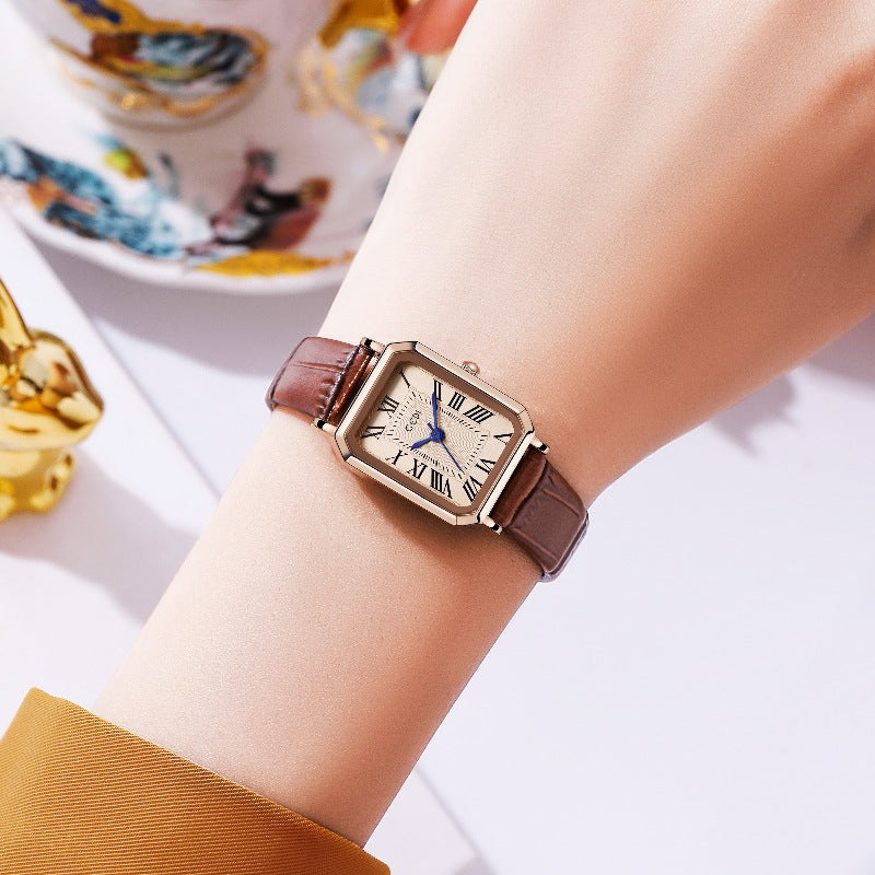 Rose gold case, white plate, red belt Ladies Quartz Watch - Classic Rectangular, Leather Band V888-ELOSUNG26308
