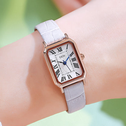Rose gold case, white dial, grey belt Ladies Quartz Watch - Classic Rectangular, Leather Band V888-ELOSUNG26309