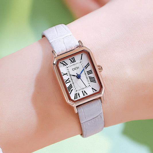 Rose gold case, white dial, grey belt Ladies Quartz Watch - Classic Rectangular, Leather Band V888-ELOSUNG26309
