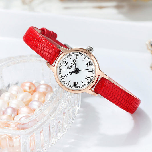 Rose Shell White Plate Red Ribbon Delicate Women's Watch - 20mm Roman Numeral Dial, Leather Strap V888-ELOSUNG26311