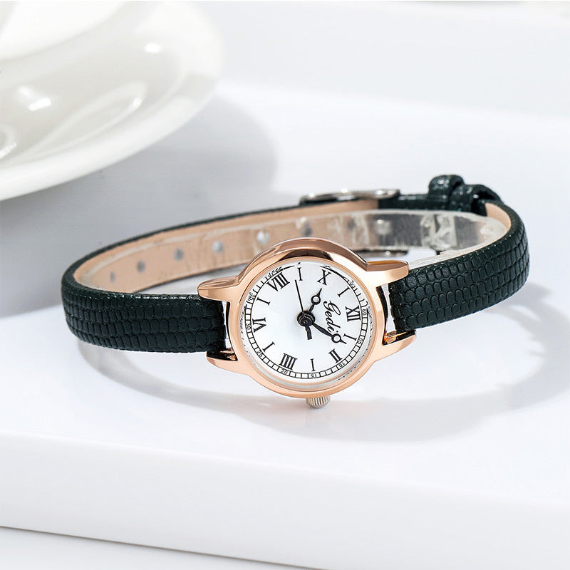 Rose Shell White Plate Green Belt Delicate Women's Watch - 20mm Roman Numeral Dial, Leather Strap V888-ELOSUNG26312