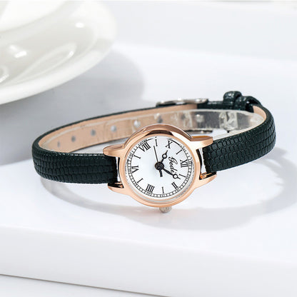 Rose Shell White Plate Green Belt Delicate Women's Watch - 20mm Roman Numeral Dial, Leather Strap V888-ELOSUNG26312