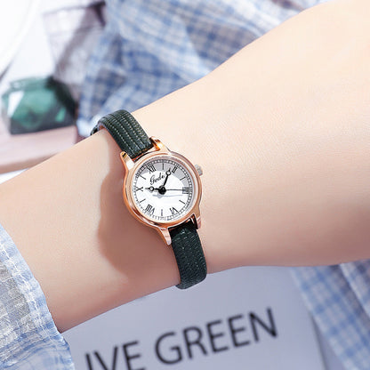 Rose Shell White Plate Green Belt Delicate Women's Watch - 20mm Roman Numeral Dial, Leather Strap V888-ELOSUNG26312