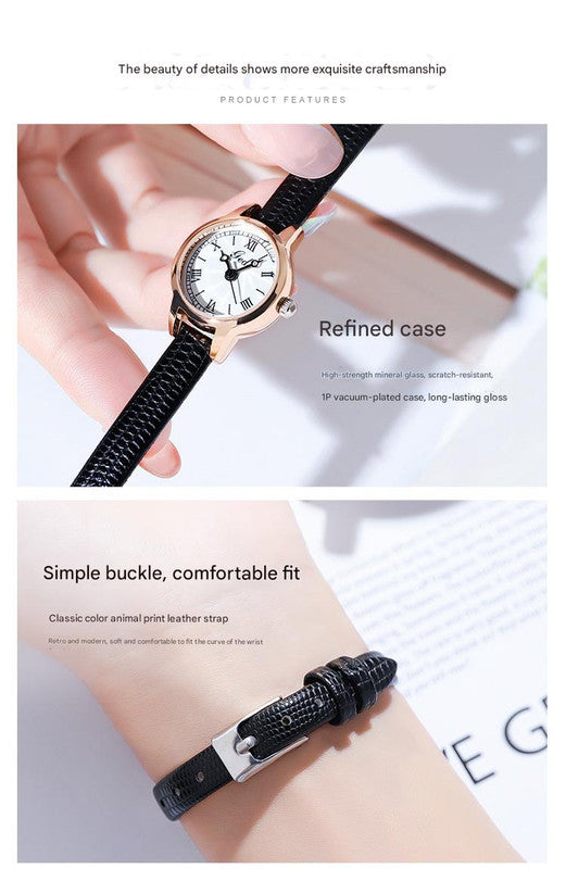 Rose Shell White Plate Green Belt Delicate Women's Watch - 20mm Roman Numeral Dial, Leather Strap V888-ELOSUNG26312