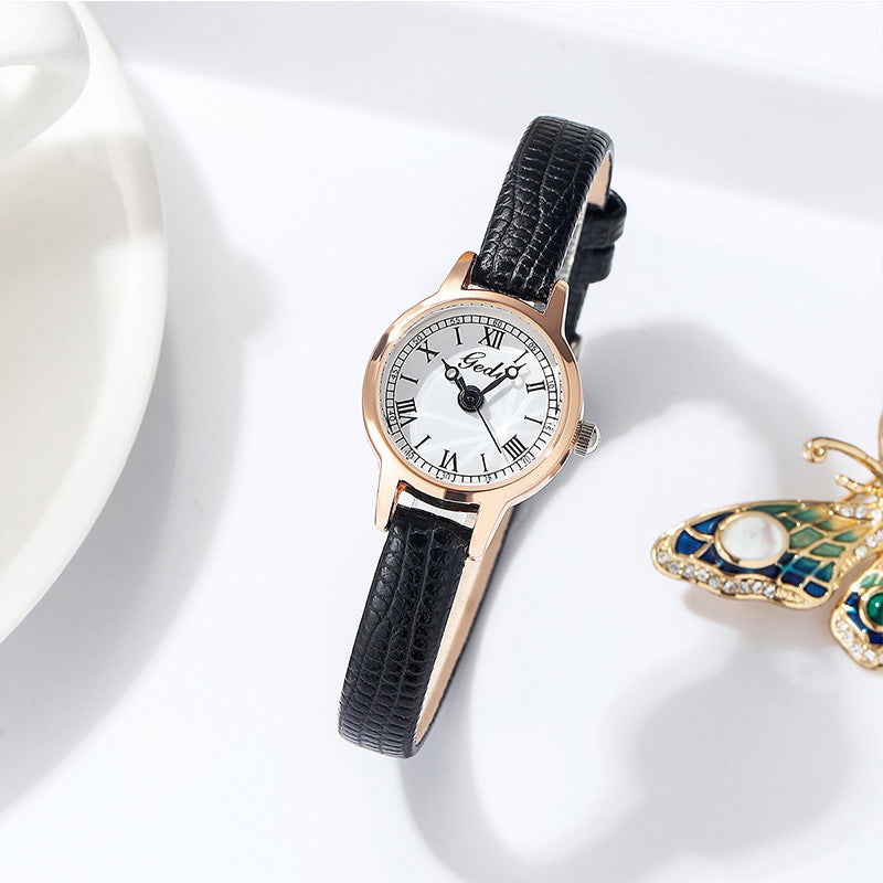 Rose shell white plate black belt Delicate Women's Watch - 20mm Roman Numeral Dial, Leather Strap V888-ELOSUNG26313