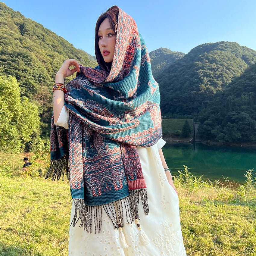 Style 3 Women's Ethnic Faux Cashmere Shawl Wrap - Jacquard Pattern Tassel Scarf (A unique blue) V888-ELOSUNG26317