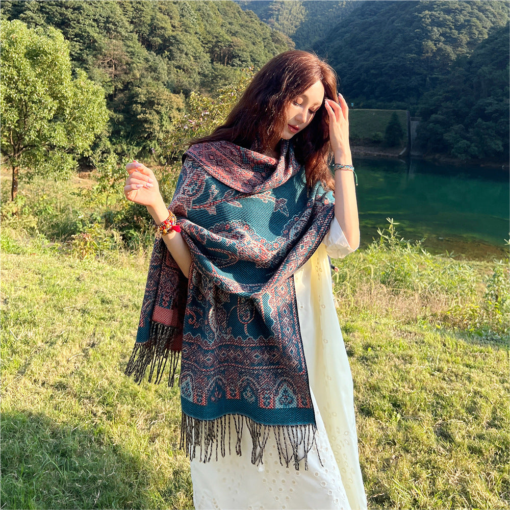 Style 3 Women's Ethnic Faux Cashmere Shawl Wrap - Jacquard Pattern Tassel Scarf (A unique blue) V888-ELOSUNG26317