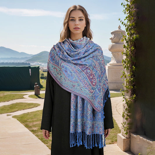 Blue Elegant Retro Paisley Print Scarf for Women - Soft Fashion Shawl Wrap 185x70cm V888-ELOSUNG26334