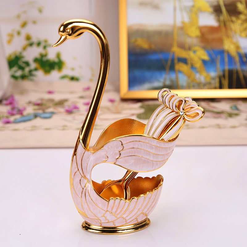 Elegant Swan Base Spoon Holder Set with 6 Coffee/Dessert Spoons(Gold and white spoon) V888-ELOSUNG26337