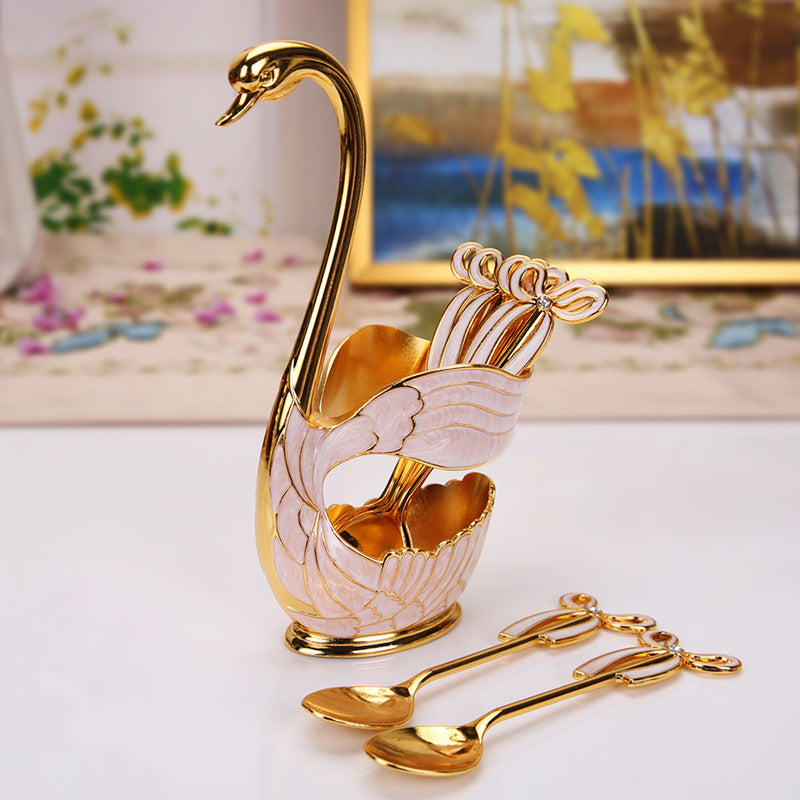 Elegant Swan Base Spoon Holder Set with 6 Coffee/Dessert Spoons(Gold and white spoon) V888-ELOSUNG26337
