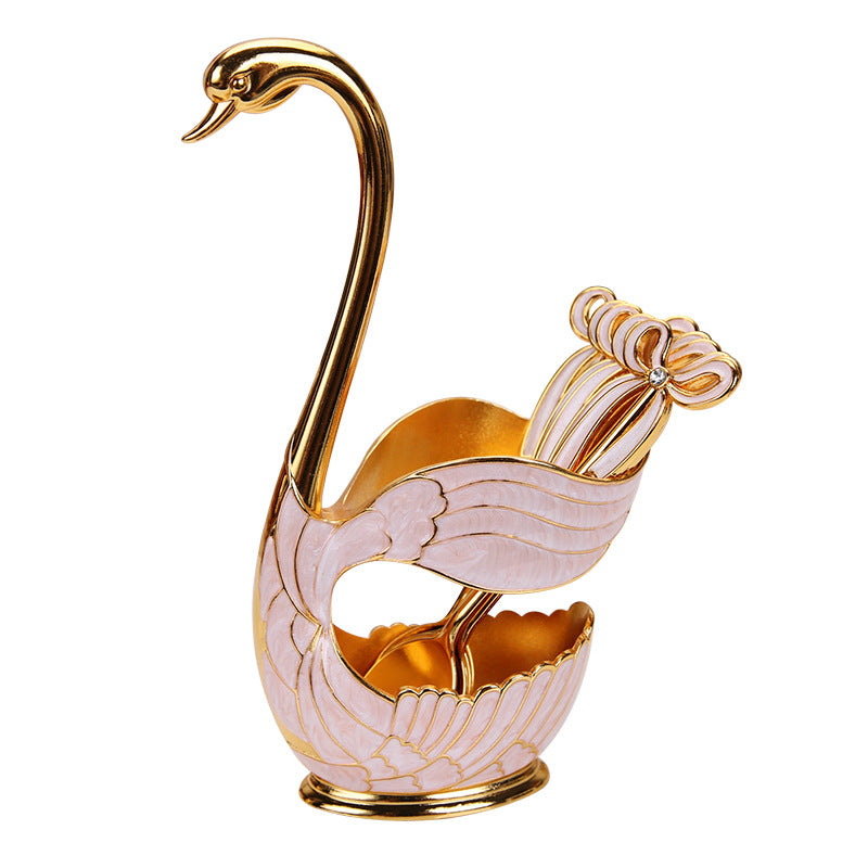 Elegant Swan Base Spoon Holder Set with 6 Coffee/Dessert Spoons(Gold and white spoon) V888-ELOSUNG26337