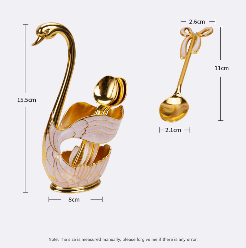 Elegant Swan Base Spoon Holder Set with 6 Coffee/Dessert Spoons(Gold and white spoon) V888-ELOSUNG26337