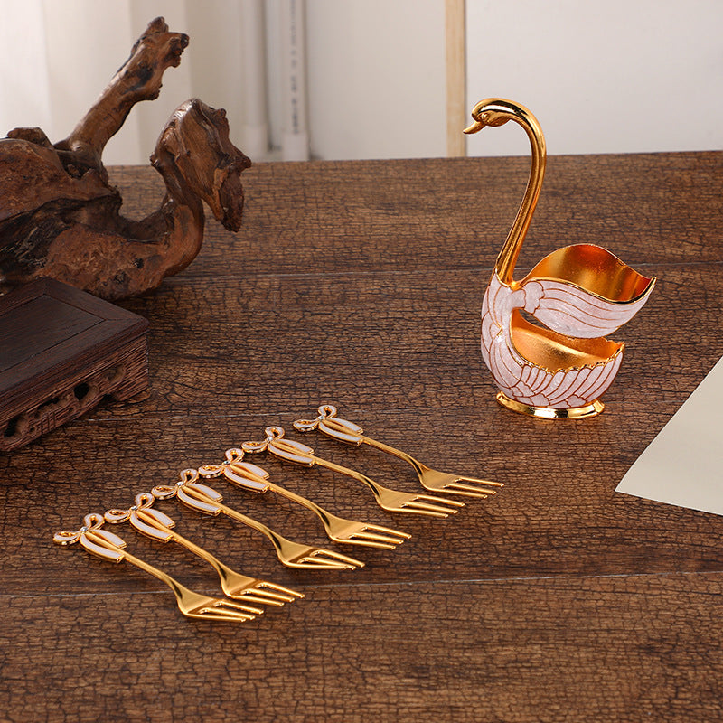 Elegant Swan Base Spoon Holder Set with 6 Coffee/Dessert Spoons(Gold Fork) V888-ELOSUNG26339