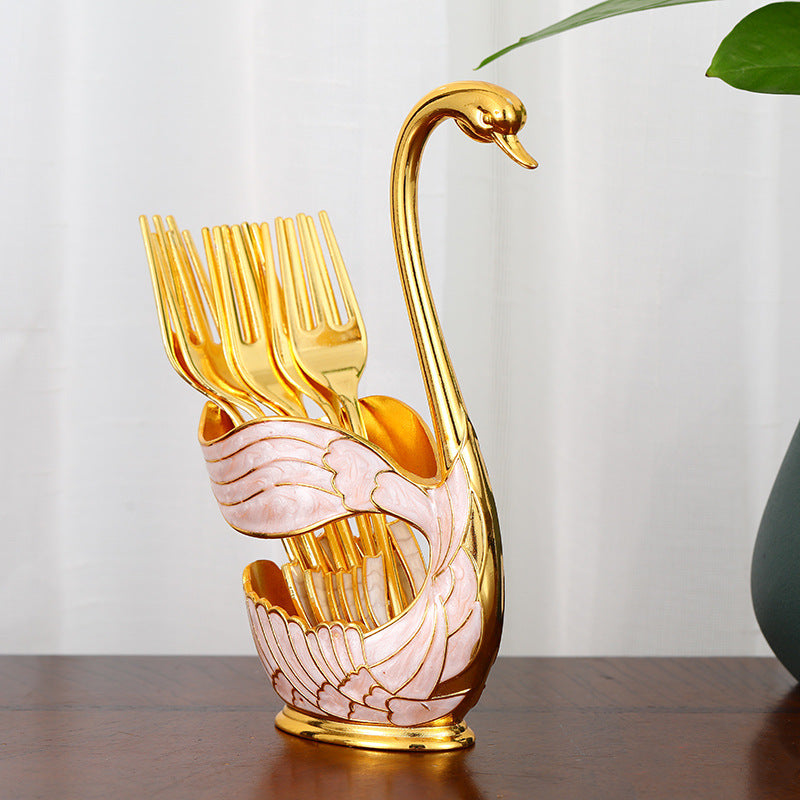 Elegant Swan Base Spoon Holder Set with 6 Coffee/Dessert Spoons(Gold Fork) V888-ELOSUNG26339