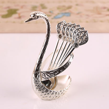 Silver Elegant Swan Cutlery Holder Set with 6 Dessert Spoons V888-ELOSUNG26346