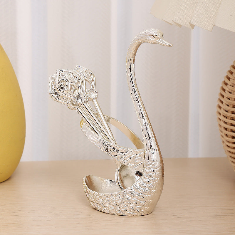 Silver Elegant Swan Cutlery Holder Set with 6 Dessert Spoons V888-ELOSUNG26346