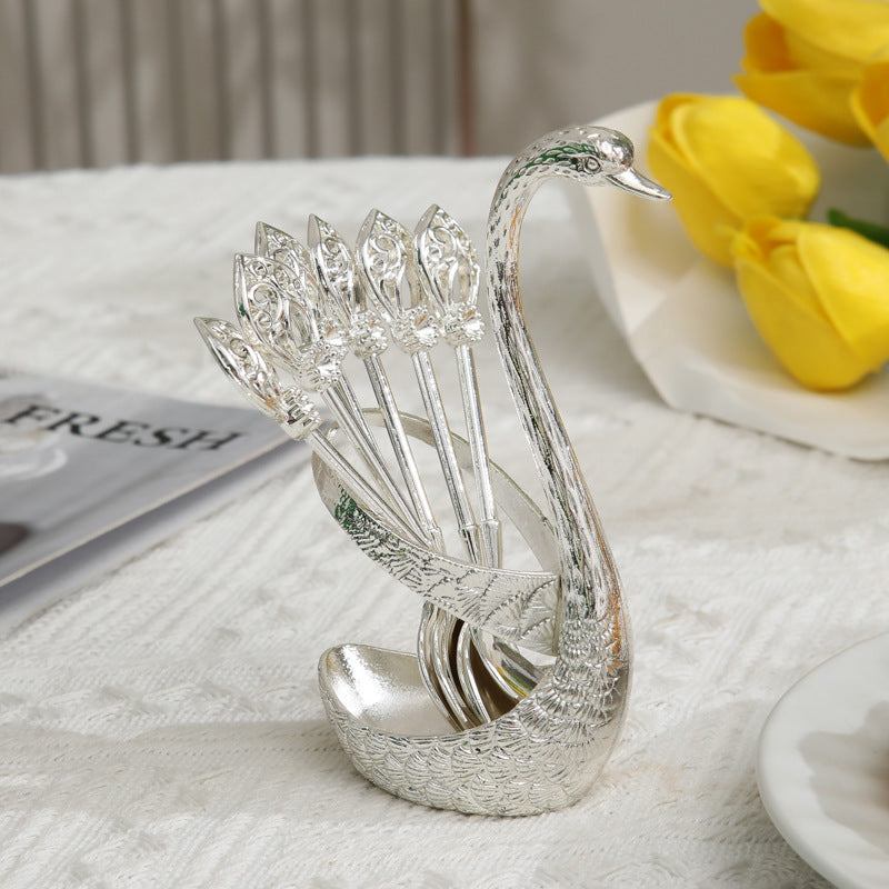 Silver Elegant Swan Cutlery Holder Set with 6 Dessert Spoons V888-ELOSUNG26346