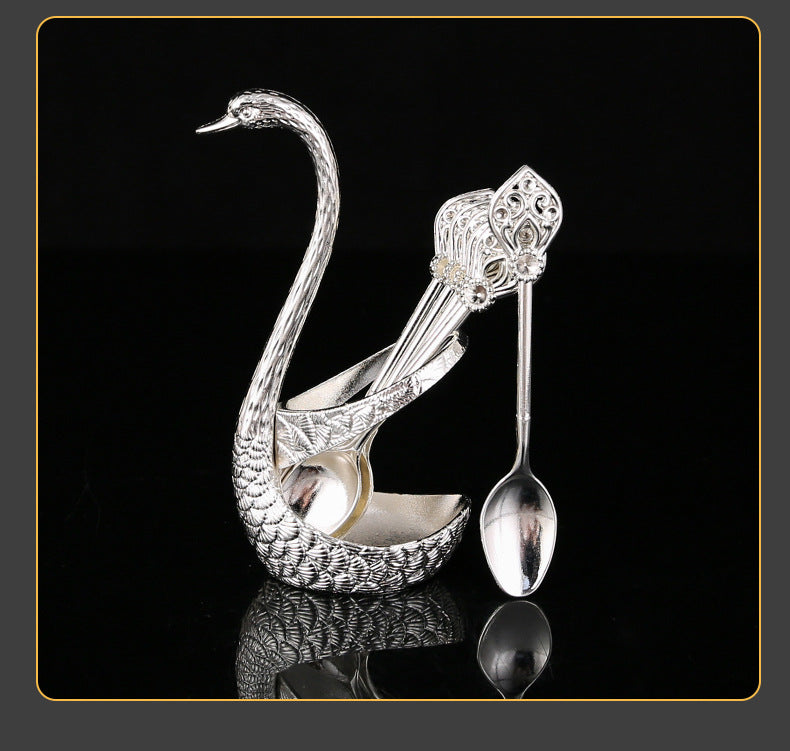 Silver Elegant Swan Cutlery Holder Set with 6 Dessert Spoons V888-ELOSUNG26346