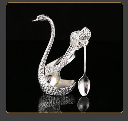 Silver Elegant Swan Cutlery Holder Set with 6 Dessert Spoons V888-ELOSUNG26346
