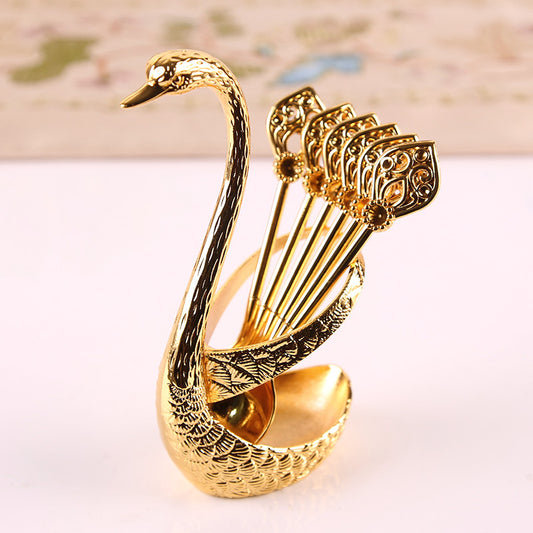 Gold Elegant Swan Cutlery Holder Set with 6 Dessert Spoons V888-ELOSUNG26347