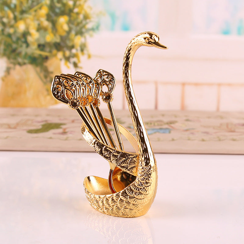 Gold Elegant Swan Cutlery Holder Set with 6 Dessert Spoons V888-ELOSUNG26347