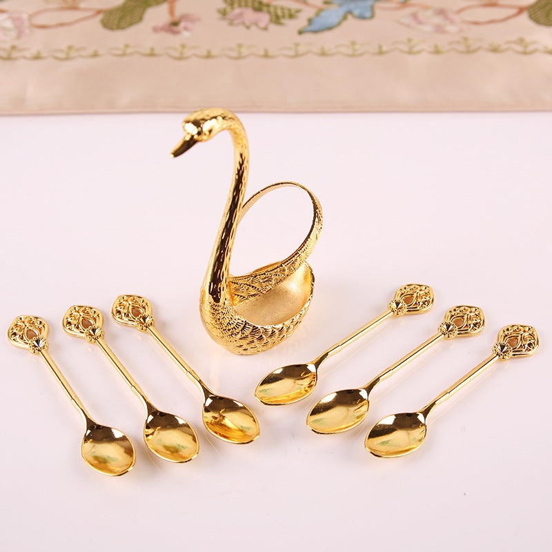 Gold Elegant Swan Cutlery Holder Set with 6 Dessert Spoons V888-ELOSUNG26347