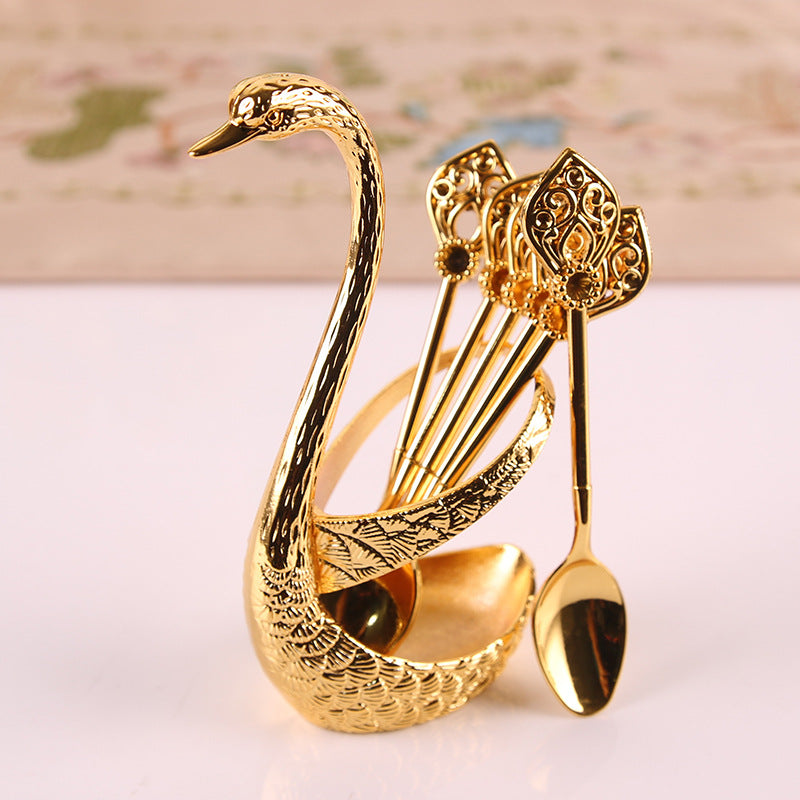 Gold Elegant Swan Cutlery Holder Set with 6 Dessert Spoons V888-ELOSUNG26347