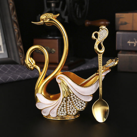Gold Elegant Double Swan Cutlery Holder Set with 6pcs Spoons V888-ELOSUNG26356
