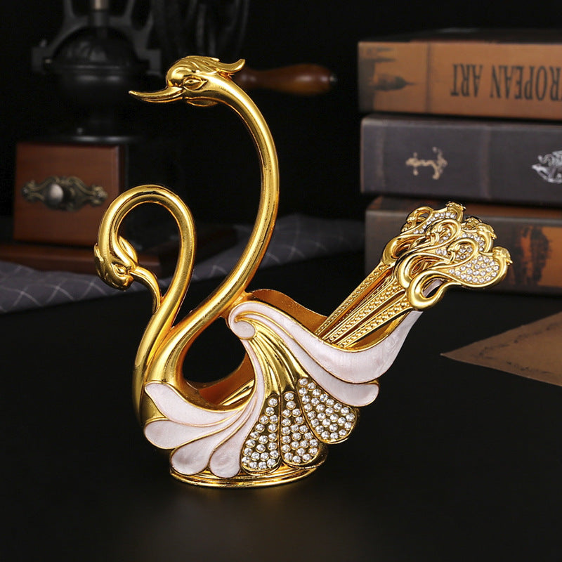 Gold Elegant Double Swan Cutlery Holder Set with 6pcs Spoons V888-ELOSUNG26356