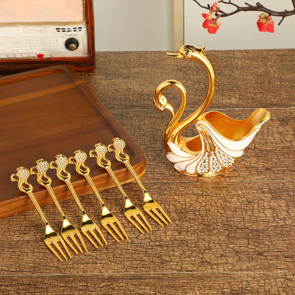 Gold Elegant Double Swan Cutlery Holder Set with 6pcs Fork V888-ELOSUNG26357