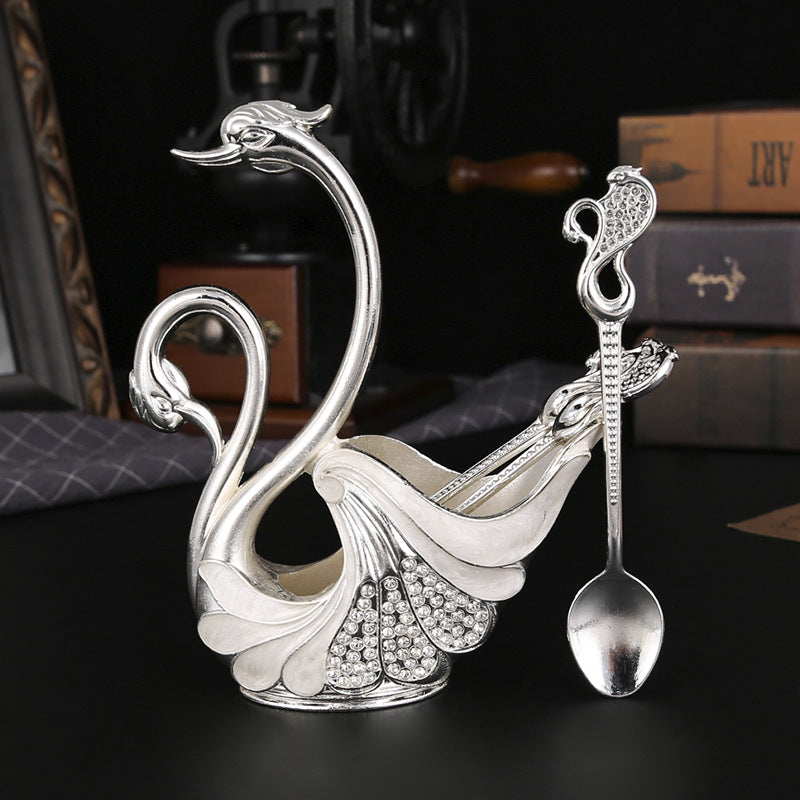 Silver Elegant Double Swan Cutlery Holder Set with 6pcs Spoons V888-ELOSUNG26358