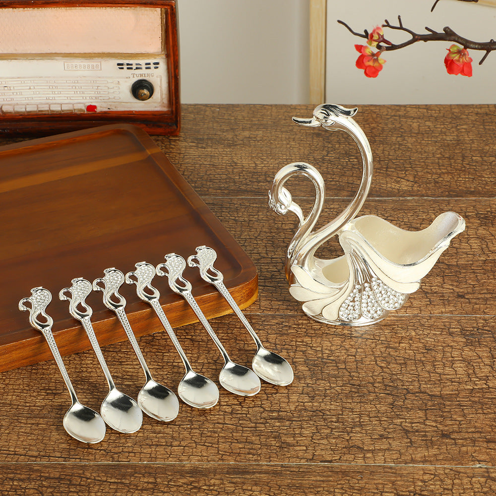 Silver Elegant Double Swan Cutlery Holder Set with 6pcs Spoons V888-ELOSUNG26358