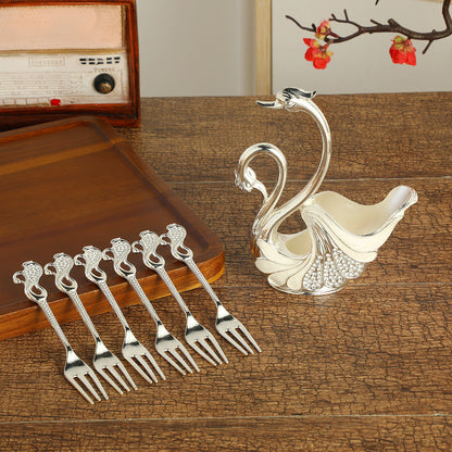 Silver Elegant Double Swan Cutlery Holder Set with 6pcs Fork V888-ELOSUNG26359