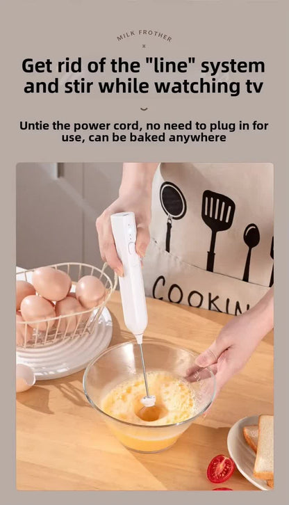 White Mini Hand Mixer with Frother & Balloon Whisk Heads - Rechargeable Kitchen Tool V888-ELOSUNG26371