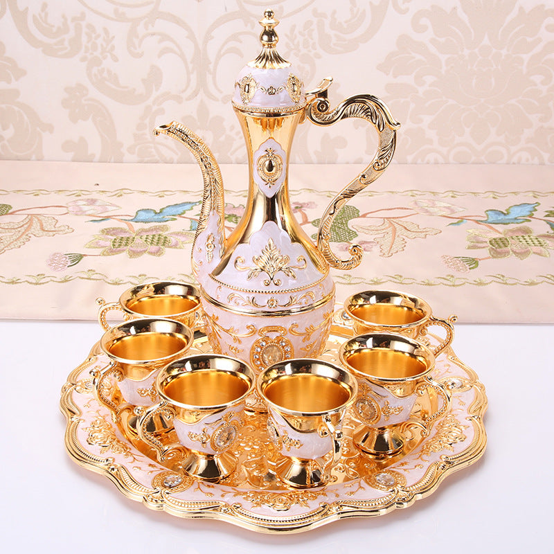 Elegant Gold Metal Serving Set - Decanter, 6 Cups, Tray (White Gold) V888-ELOSUNG26379