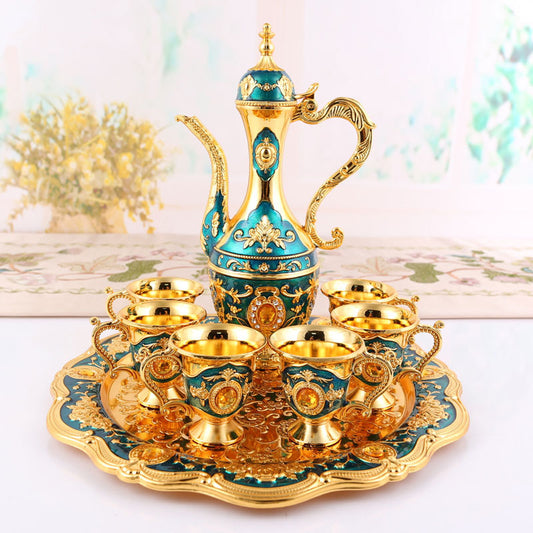 Elegant Gold Metal Serving Set - Decanter, 6 Cups, Tray (Gold blue) V888-ELOSUNG26380