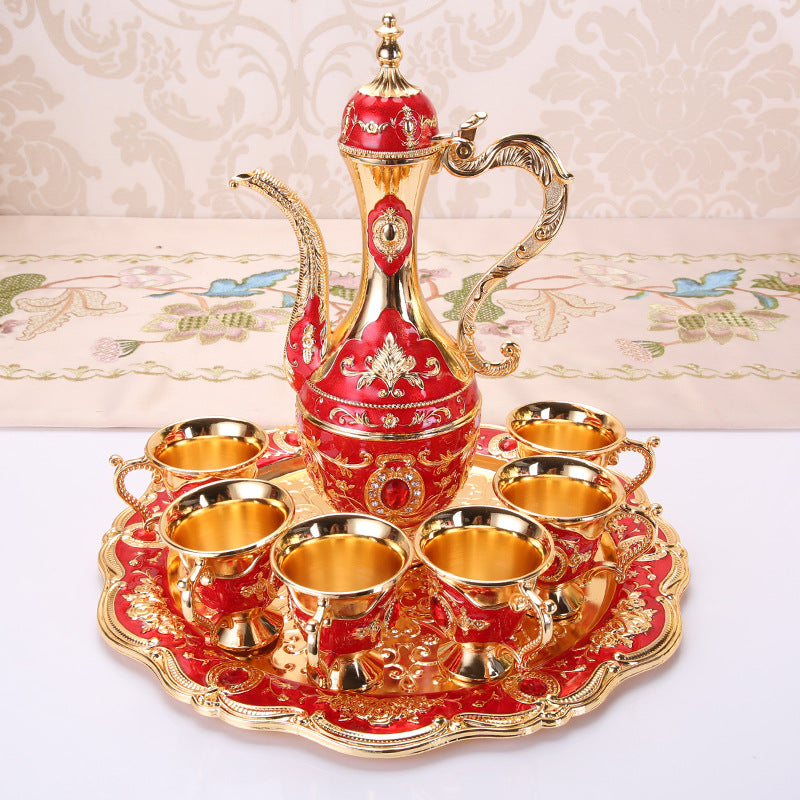 Elegant Gold Metal Serving Set - Decanter, 6 Cups, Tray (Golden Red) V888-ELOSUNG26381
