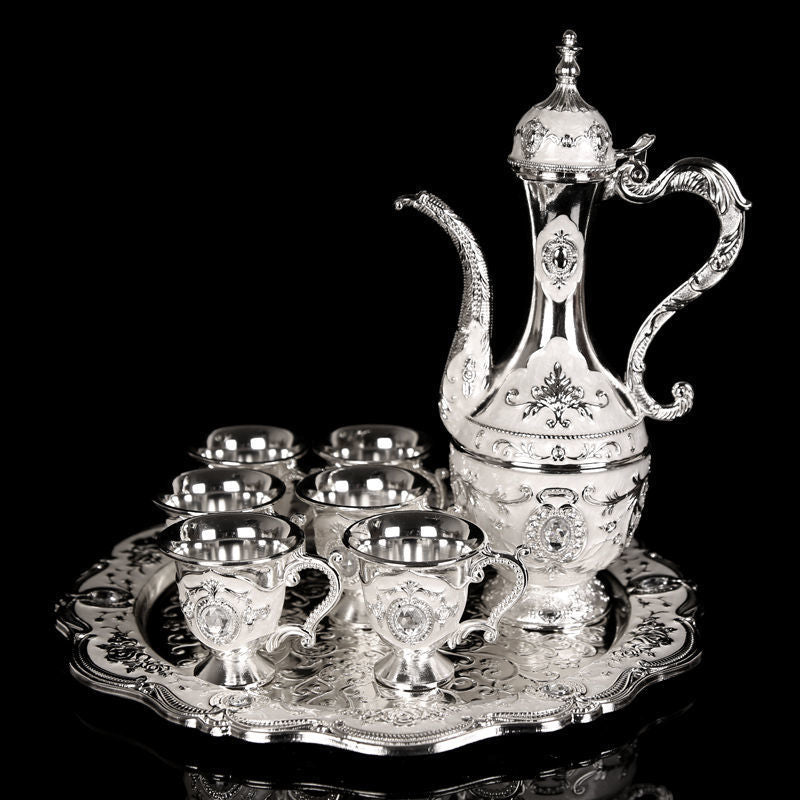 Elegant Gold Metal Serving Set - Decanter, 6 Cups, Tray (Silver) V888-ELOSUNG26382
