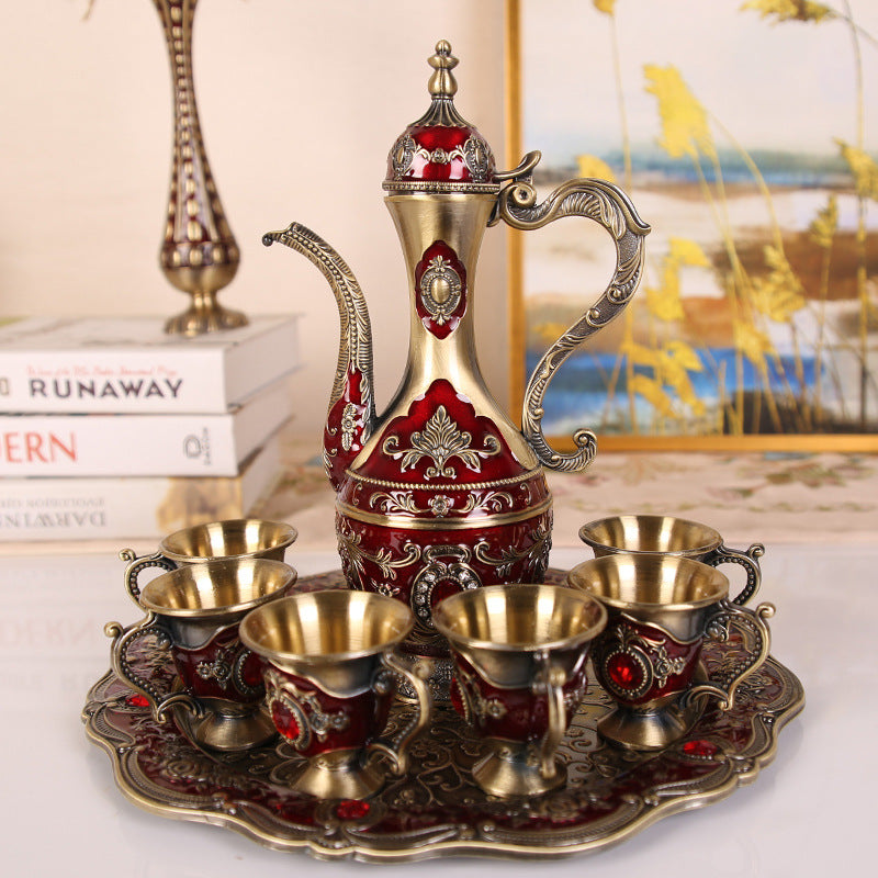 Elegant Gold Metal Serving Set - Decanter, 6 Cups, Tray (Copper+Red) V888-ELOSUNG26383