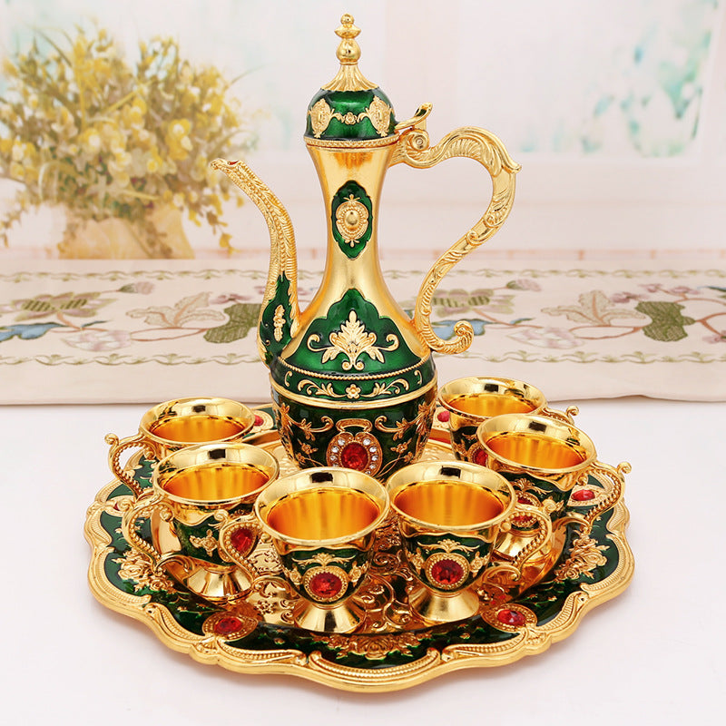 Elegant Gold Metal Serving Set - Decanter, 6 Cups, Tray (Gold Green) V888-ELOSUNG26384