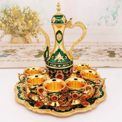 Elegant Gold Metal Serving Set - Decanter, 6 Cups, Tray (Gold Green) V888-ELOSUNG26384