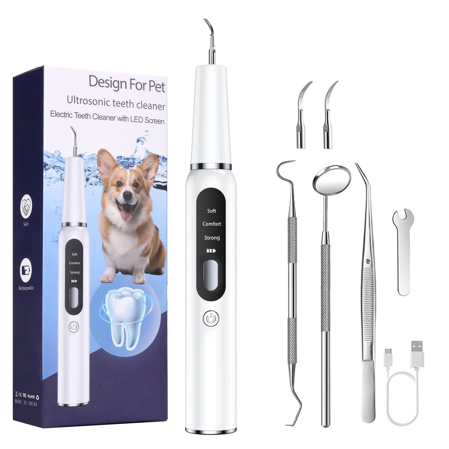 White Professional Pet Dental Cleaning Kit - Ultrasonic Scaler, Tools & 3 Modes V888-ELOSUNG26389