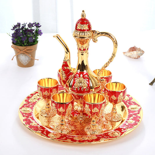 Vintage Palace Style Liquor Serving Set - Metal Pot, 6 Cups & Tray (Golden Red) V888-ELOSUNG26391