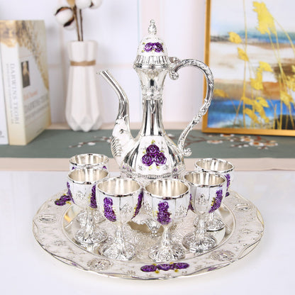 Vintage Palace Style Liquor Serving Set - Metal Pot, 6 Cups & Tray (Silver Purple Rose) V888-ELOSUNG26396