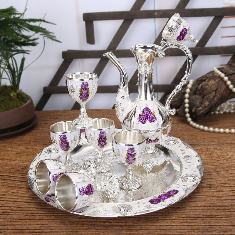 Vintage Palace Style Liquor Serving Set - Metal Pot, 6 Cups & Tray (Silver Purple Rose) V888-ELOSUNG26396