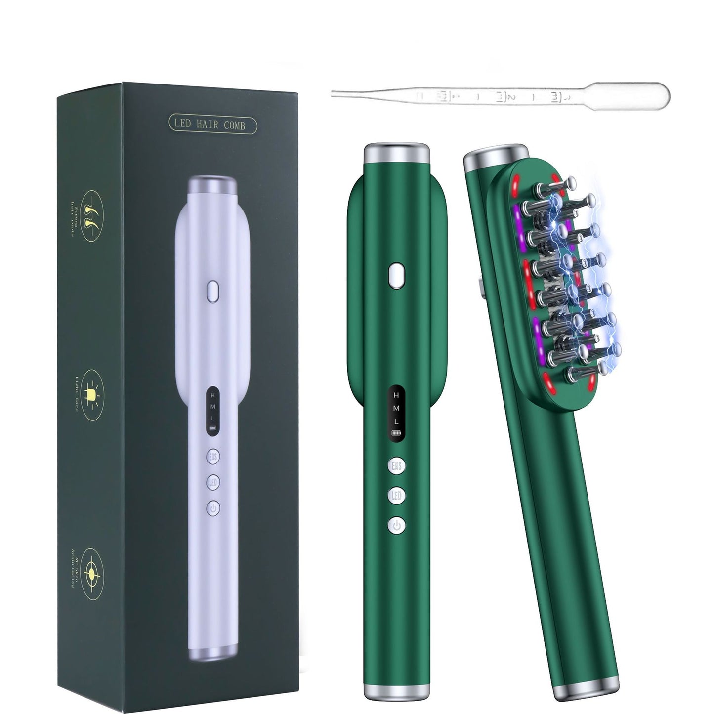 Green Vibrating Scalp Massager Comb - LED Therapy & Oil Infuser for Hair Growth V888-ELOSUNG26409
