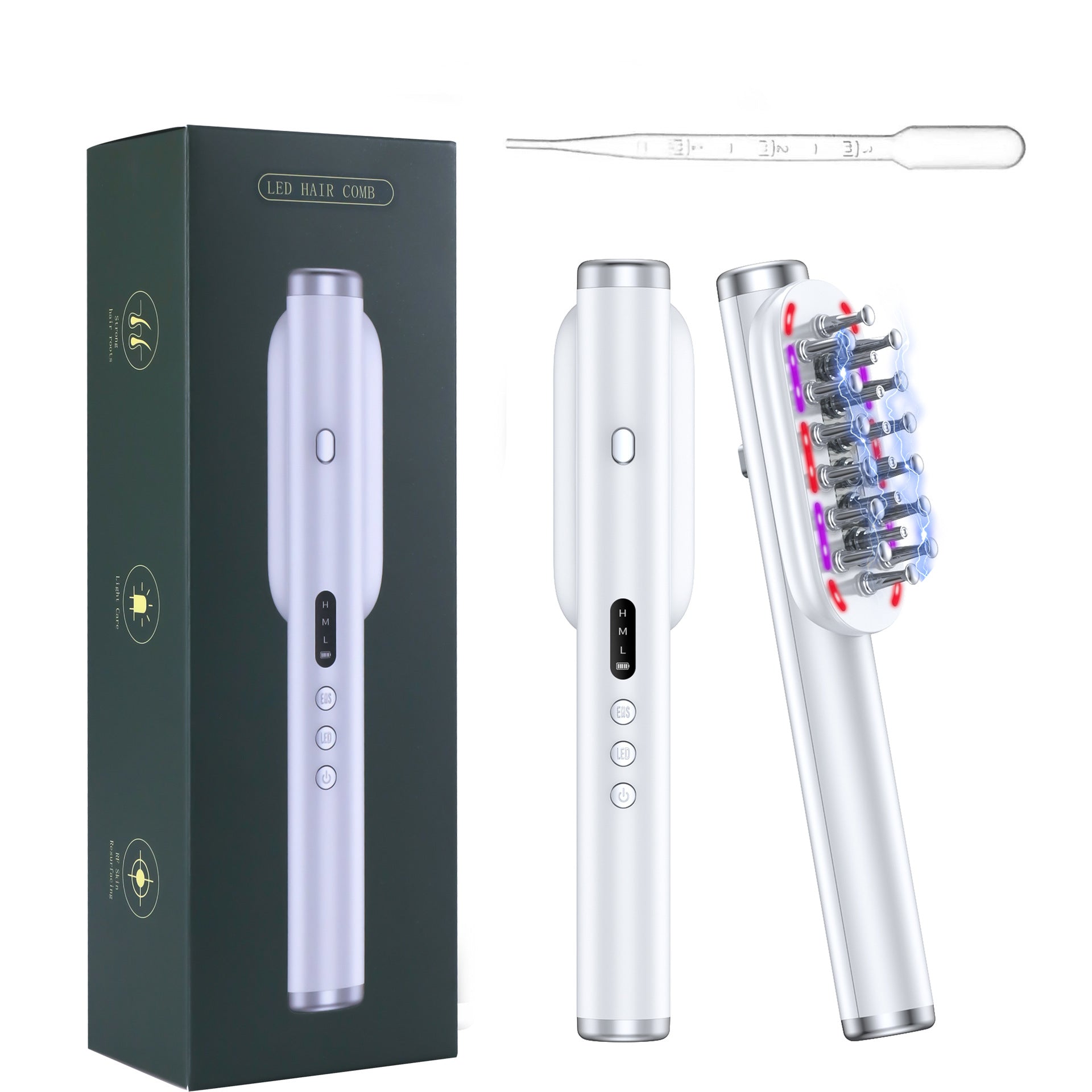 White Vibrating Scalp Massager Comb - LED Therapy & Oil Infuser for Hair Growth V888-ELOSUNG26410