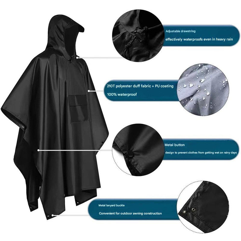 Black Portable Outdoor Camping Poncho - Can be used as Raincoat, Tarp, Ground Cover (Polyester silver coated V888-ELOSUNG26475